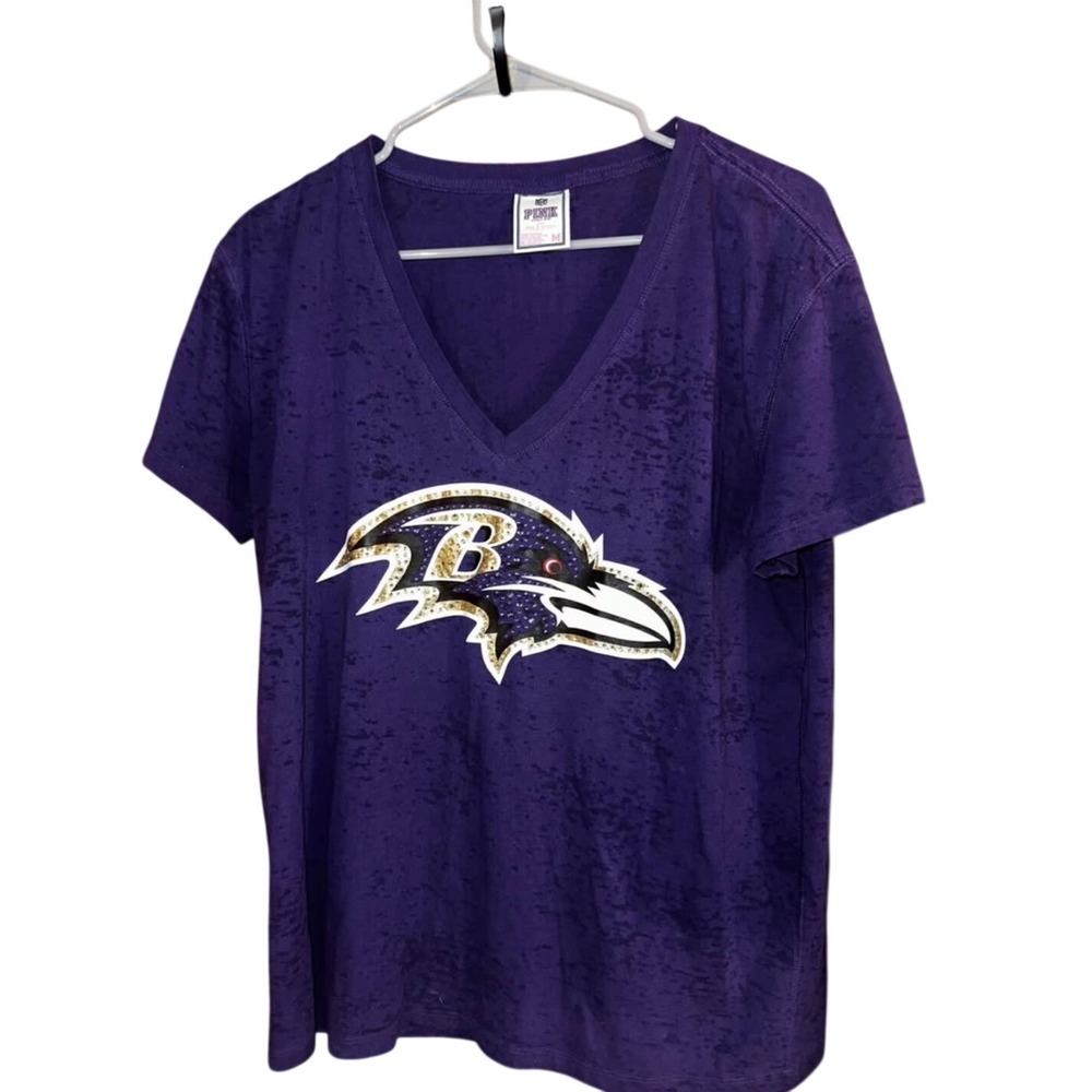 PINK Victoria's Secret T-Shirt Medium Purple Baltimore Ravens NFL V-Neck Burnout